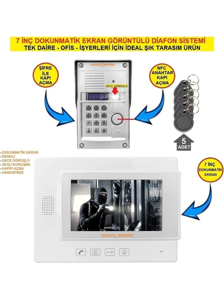 7 inç Dokunmatik Ekranlı Görüntülü Diafon Sistemi (Tek Daire içindir Şifre + Kartlı Geçiş vardır) ürün görseli 1