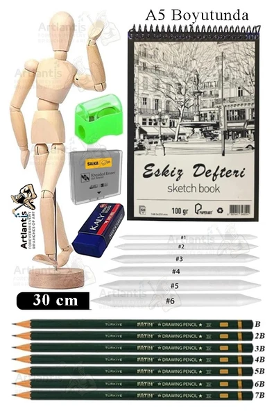 Ahşap İnsan Modeli 30 cm A5 15x21cm Eskiz Defteri Dereceli Karakalem Seti Dağıtma Kalemi Hamur Silgi Kalemtraş ürün görseli 1