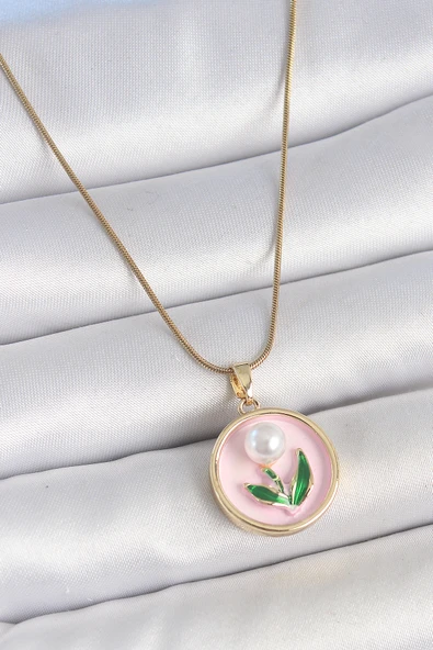 316L Çelik Gold Renk Zincir Pembe Mineli İncili Çiçek İşlemeli Portre Model Kadın Kolye TJ-BKO10169 ürün görseli 1
