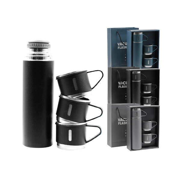 Elegance Termos Seti: 500ml Termos & 3 Bardak, Şık Karton Ambalaj Mavi ürün görseli 1