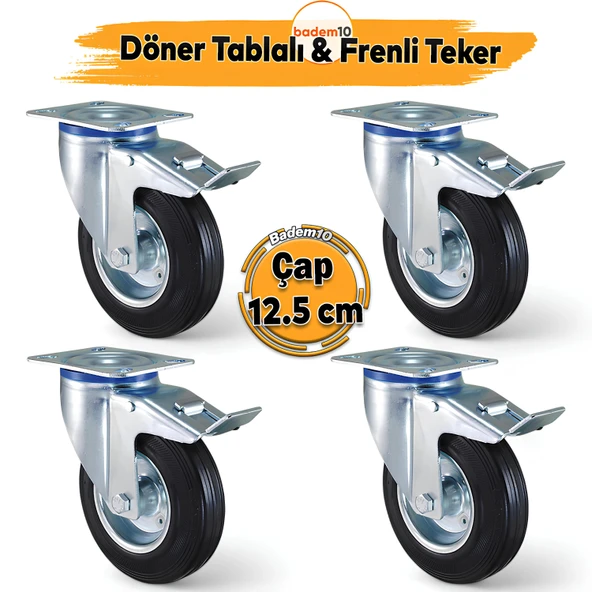 Frenli Döner Tablalı 4'lü 125x37.5 cm Sanayi Tipi Teker Endüstriyel Siyah Burçlu Ağır Yük Tekeri ürün görseli 1