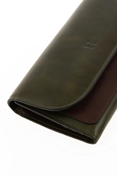 Kadın Hakiki Deri Büyük Cüzdan Kapaklı Çıtçıtlı RFID Korumalı Charlotte Haki Kahve ürün görseli 1