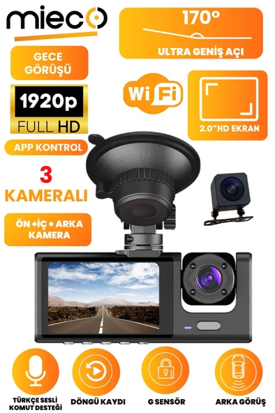 Mieco 1s Wifi/1920p Fhd/170° Ultra Geniş Açı/gece Görüşü Ve G-sensörü/ 3 Kameralı Araç Kamerası (2025) ürün görseli 1