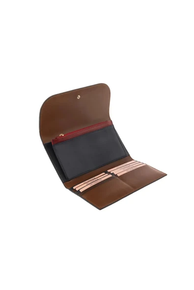 Kadın Hakiki Deri Büyük Cüzdan Kapaklı Çıtçıtlı RFID Korumalı Charlotte Taba Lacivert ürün görseli 1