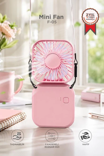 Torima F-05 Mini Fan Tutmalı Şarjlı 3 Kademeli Vantilatör Klima Soğutucu Fan Pembe ürün görseli 1