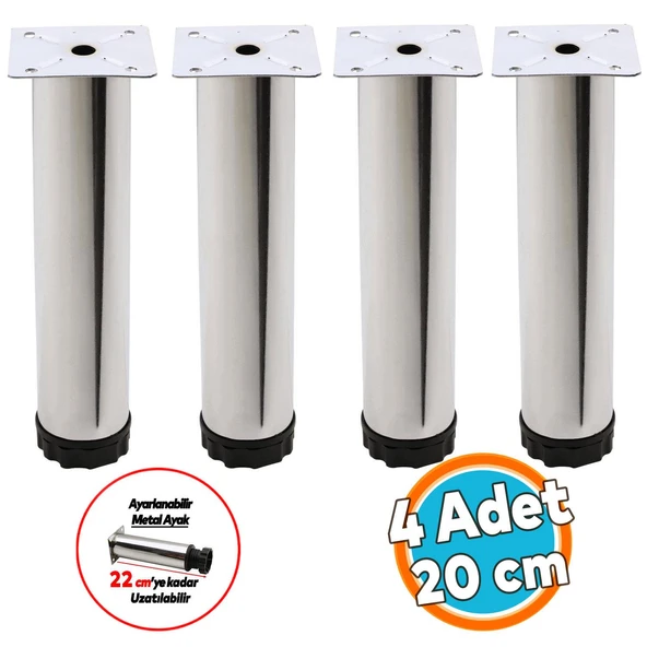 Mobilya Kanepe Baza Koltuk Dolap Metal Yükseltici Destek Ayağı Ayarlanabilir Krom Ayak 20 cm 4 Adet ürün görseli 1