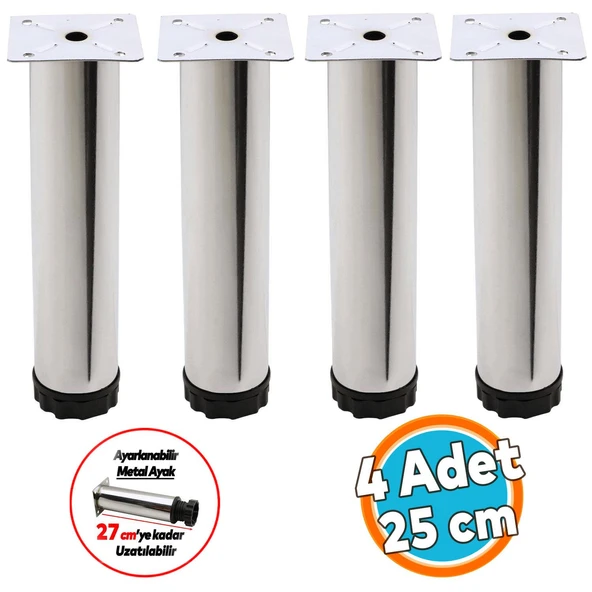 Mobilya Kanepe Baza Koltuk Metal Yükseltici Destek Ayağı Ayarlanabilir Krom Ayak 25 cm 4 Adet ürün görseli 1