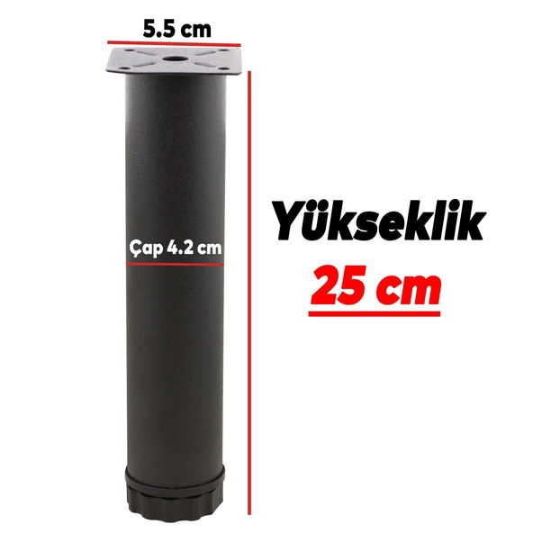 Mobilya Kanepe Baza Koltuk Metal Yükseltici Destek Ayağı Ayarlanabilir Siyah Ayak 25 cm 4 Adet ürün görseli 1