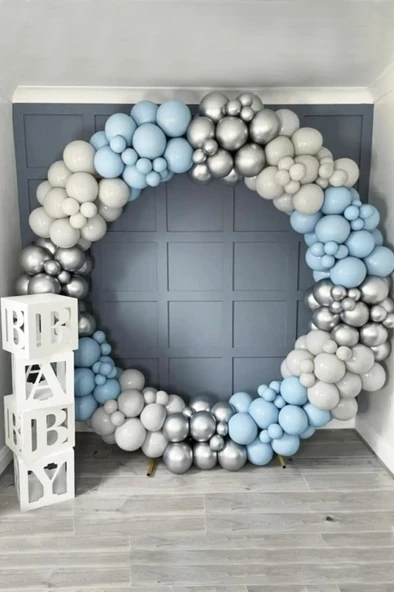 Krom Gümüş Pastel Duman Fırtına Mavisi Balon 60 Adet Zincir ve Pompa ürün görseli 1