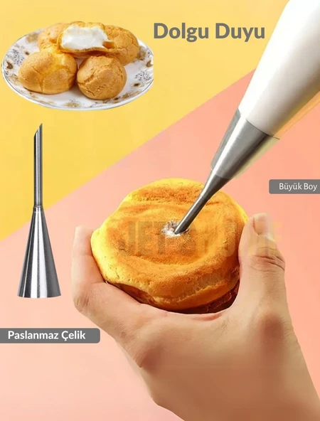 Büyük Boy Dolgu Duyu Profiterol, Ekler ve Donut Dolgu Ucu Paslanmaz Çelik Krema Torbası Sıkma Ucu ürün görseli 1