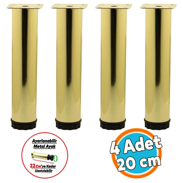 Mobilya Kanepe Sehpa TV Ünitesi Koltuk Ayağı Ayarlanabilir 20 cm Gold Altın Metal Baza Ayak 4 Adet ürün görseli 1