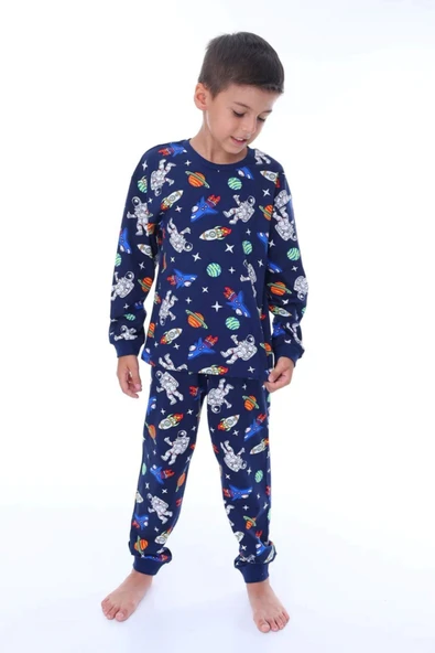 Astronot Temalı Pamuk Unisex Çocuk Pijama Takımı ürün görseli 1