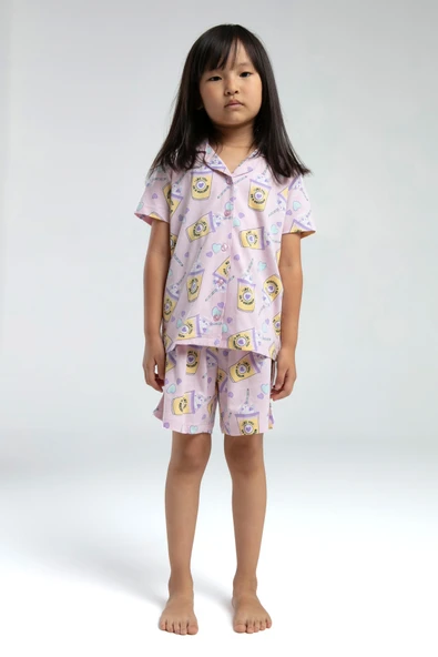 Toontoy Kız Çocuk Komple Baskılı  Düğmeli Şortlu Pijama Takım ürün görseli 1