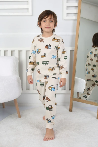 Transportation Veichle Desenli Çocuk Pijama Takımı (Alt-Üst) Bej 3-8 Yaş ürün görseli 1