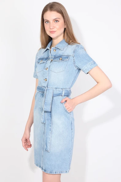 Kadın İki Cepli Açık Mavi Jean Elbise Kemerli Regular Fit ürün görseli 1