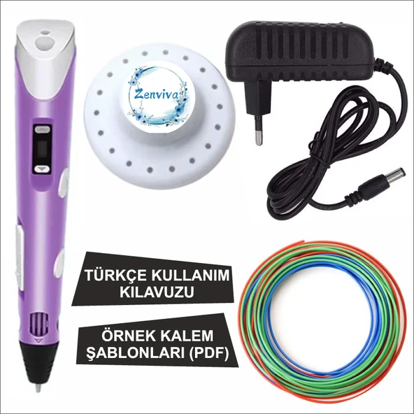 Mor Renk 3D Kalem + 3 Renk Toplam 10 Metre Pla Filament + Şablon ürün görseli 1