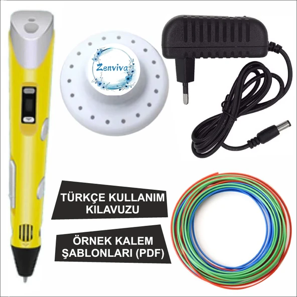 Sarı Renk 3D Kalem + 3 Renk Toplam 10 Metre Pla Filament + Şablon ürün görseli 1