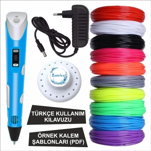 Mavi Renk 3D Kalem + 25 Renk Toplam 100 Metre Pla Filament + Şablon ürün görseli 1
