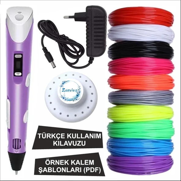Mor Renk 3D Kalem + 10 Renk Toplam 50 Metre Pla Filament + Şablon ürün görseli 1