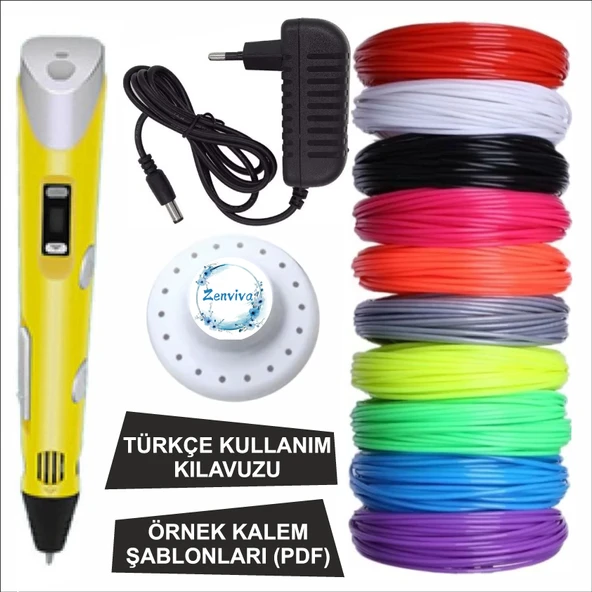 Sarı Renk 3D Kalem + 10 Renk Toplam 100 Metre Pla Filament + Şablon ürün görseli 1