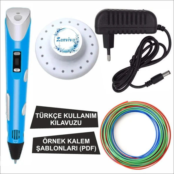 Mavi Renk 3D Kalem + 3 Renk Toplam 10 Metre Pla Filament + Şablon ürün görseli 1
