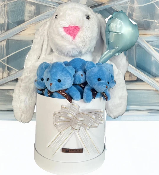 Özel Kututusunda; 45 cm Beyaz Jellycat Tavşan, 5'li Ayıcık ve Folyo Kalp Balonlu SET-Ayıcık Buketi ürün görseli 1
