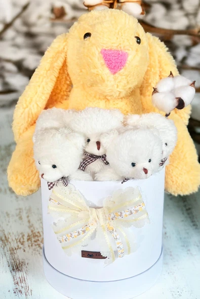 Özel Kutuda, Sarı Jellycat Tavşan, 5 Beyaz Ayıcık – Pamuk Çiçeği Dokunuşlu, Özel Ayıcık Buketi ürün görseli 1