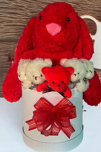 Özel Kutuda, Aşk Temalı Peluş Hediye Kutusu – Kırmızı Jellycat Tavşan & 5 Mini Ayıcık (Özel Tasarım) ürün görseli 1