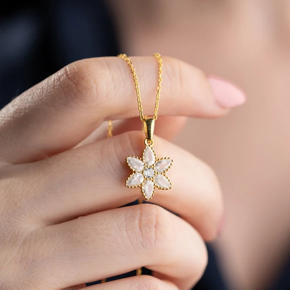 Vaoov 925 Ayar Gümüş Damla Taşlı Gold Çiçek Kolye ürün görseli 1