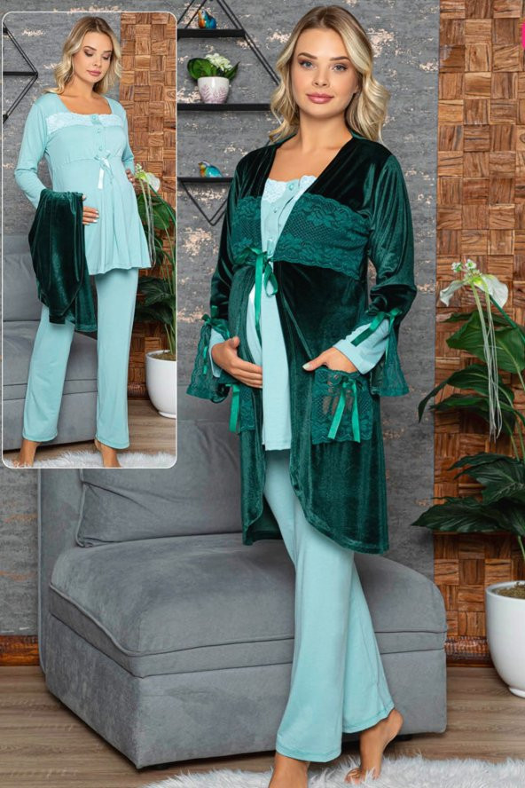 Hayal Sepeti 42433 Kadın Kadife Sabahlıklı 3lü Lohusa - Hamile Pijama Takımı ürün görseli 1