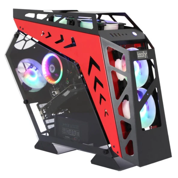 İzoly ARGB Cyberpunk Robotic AX9 Black - Red 5X12CM Full Glass Oyuncu Bilgisayar Kasası ürün görseli 1