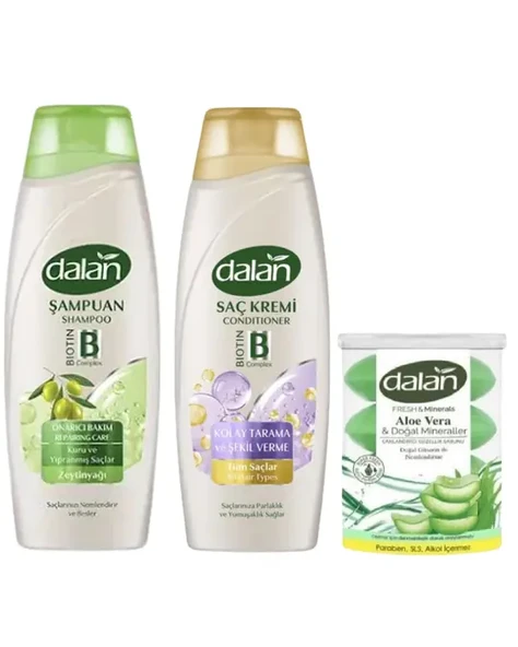 Dalan Onarıcı Bakım Şampuan 450 Ml + Dalan Saç Kremi 450 Ml + Dalan Klasik Aloe Vera 110x4 ürün görseli 1