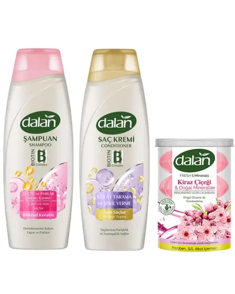 Dalan Güçlü ve Parlak Saçlar İçin Şampuan 450 Ml + Dalan Saç Kremi 450 Ml + Dalan Klasik Kiraz Çiçeği 110x4 ürün görseli 1