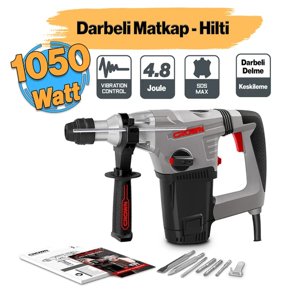 Crown CT18116 Kırıcı Delici Hilti 5 Kg Darbeli Matkap 1050 W Metal Beton Kömürlü Delme 4.8 Joule Güç ürün görseli 1