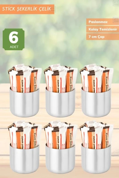 6’ lı Set Şeker Kabı Paslanmaz Stick Şekerlik Çelik İnox 7 cm ürün görseli 1