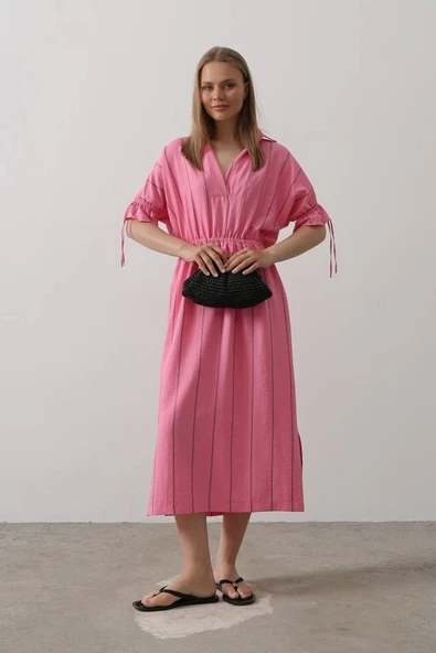 Beli Lastikli Elbise - Pembe - Resim 3