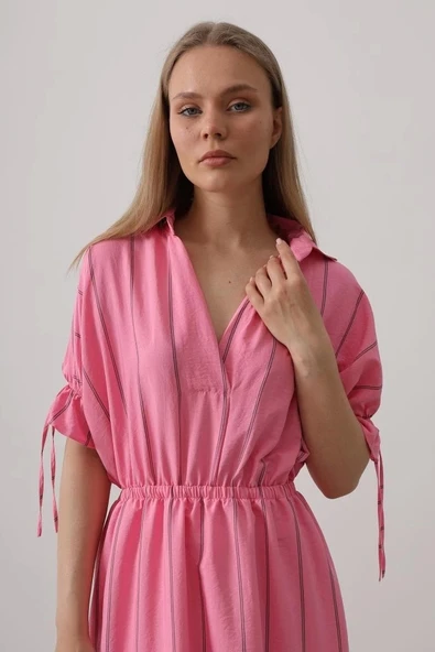 Beli Lastikli Elbise - Pembe - Resim 4