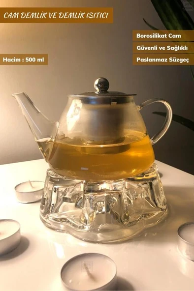 2’li Set Cam Demlik ve Cam Isıtıcı Süzgeçli Demlik 500 ml Bitki Çayı Demliği Borasilikat ürün görseli 1