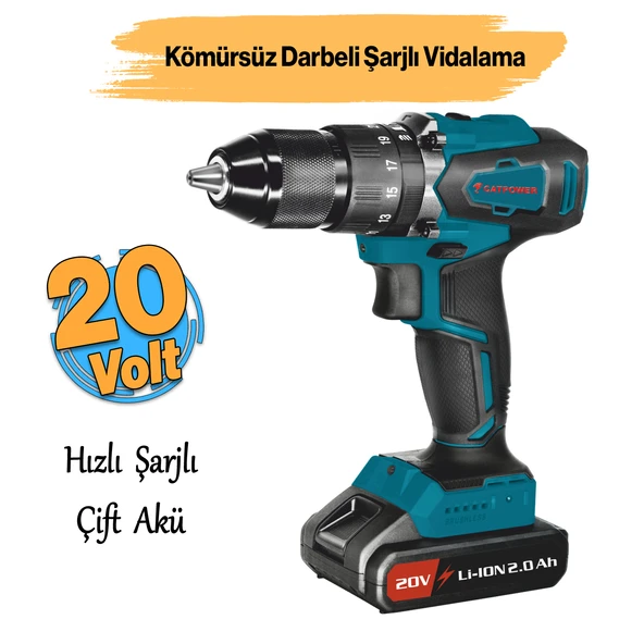 Kömürsüz Çift Akülü Darbeli Akülü Vidalama Li-ion Batarya 20 V Çift Vitesli Led Işıklı Metal Mandren ürün görseli 1