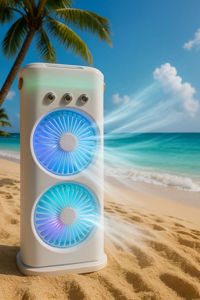 Inovaxis Buharlı Çift Pervaneli Işıklı Vantilatör Uzaktan Kumandalı Taşınabilir Şarjlı Midi Fan ürün görseli 1