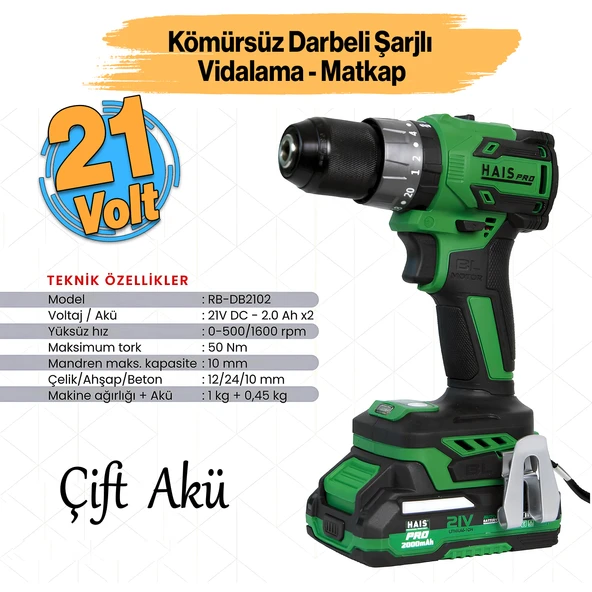 Kömürsüz Çift Akülü Darbeli Akülü Vidalama Li-ion Batarya 21 V Çift Vitesli Led Işıklı Metal Mandren ürün görseli 1