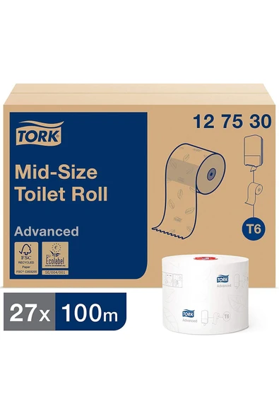 TORK Çift Rulo Gelişmiş Tuvalet Kağıdı 100m (KOLİ IÇİ 27 RULO, ÇİFT KATLI) ürün görseli 1