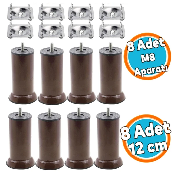Mobilya Kanepe Baza Koltuk Destek Ayağı M8 Civata 12 cm Kahverengi (8'li SET) Ayak+Bağlantı Aparatı ürün görseli 1