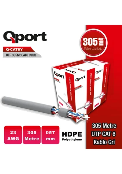 QPORT CAT6 Utp 23AWG Gri 305m Kablo Q-CAT6Y ürün görseli 1