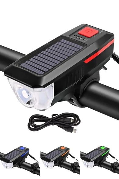 QASUL Güneş Enerjili 3 LED Far Moduna Sahip Bisiklet Ön Lambası Su Geçirmez Zil USB Şarj Edilebilir Korna ürün görseli 1