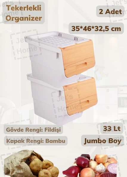 2’li Tekerlekli Patateslik Soğanlık Erzak Kutusu Oyuncaklık Sebzelik Bambu Desenli 33 Lt ürün görseli 1