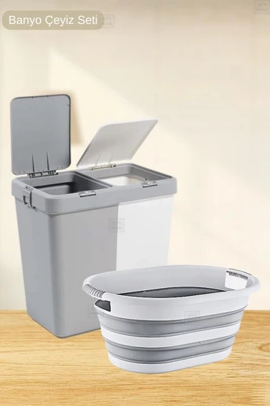 2'li Banyo Seti BPA Free 80 Litre Çamaşır Sepeti Katlanır Sele ürün görseli 1
