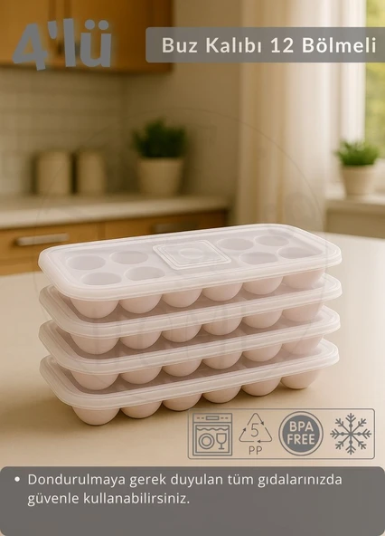 4'lü Set Buz Kalıbı 12 Bölmeli Esnek Silikon Buz Küpü BPA FREE Yuvarlak Bas Parmak Buzluk Çapı 3,5 cm Pembe ürün görseli 1