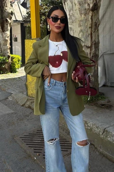 Uzun Kollu ve Düğme Kapamalı Kruvaze Yakalı Oversize Blazer Kadın Keten Ceket Haki ürün görseli 1