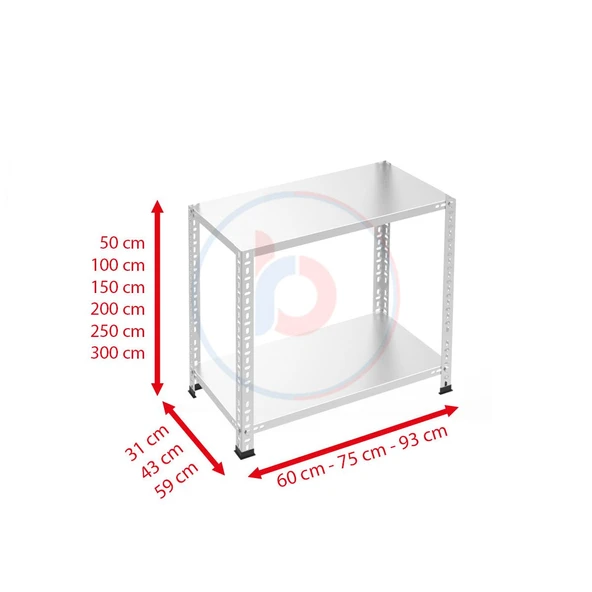 2 Katlı Galvaniz Çelik Raf - Depo, Arşiv, Kiler, Dosya, Market Rafı  31x93 cm 100 cm 1.50 mm ürün görseli 1